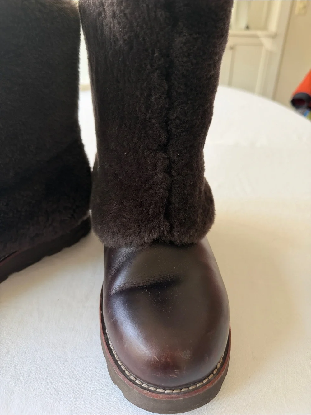 Ugg Cozy Dark Brown leather Shearling Fur lug sole Boots- Womens 9